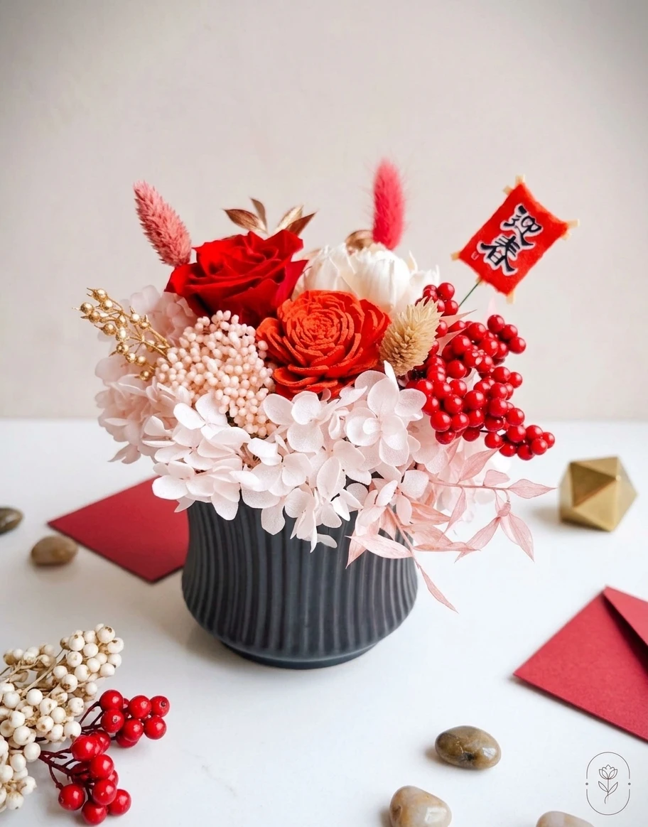 迎春花藝黑盆器|紅色永生玫瑰