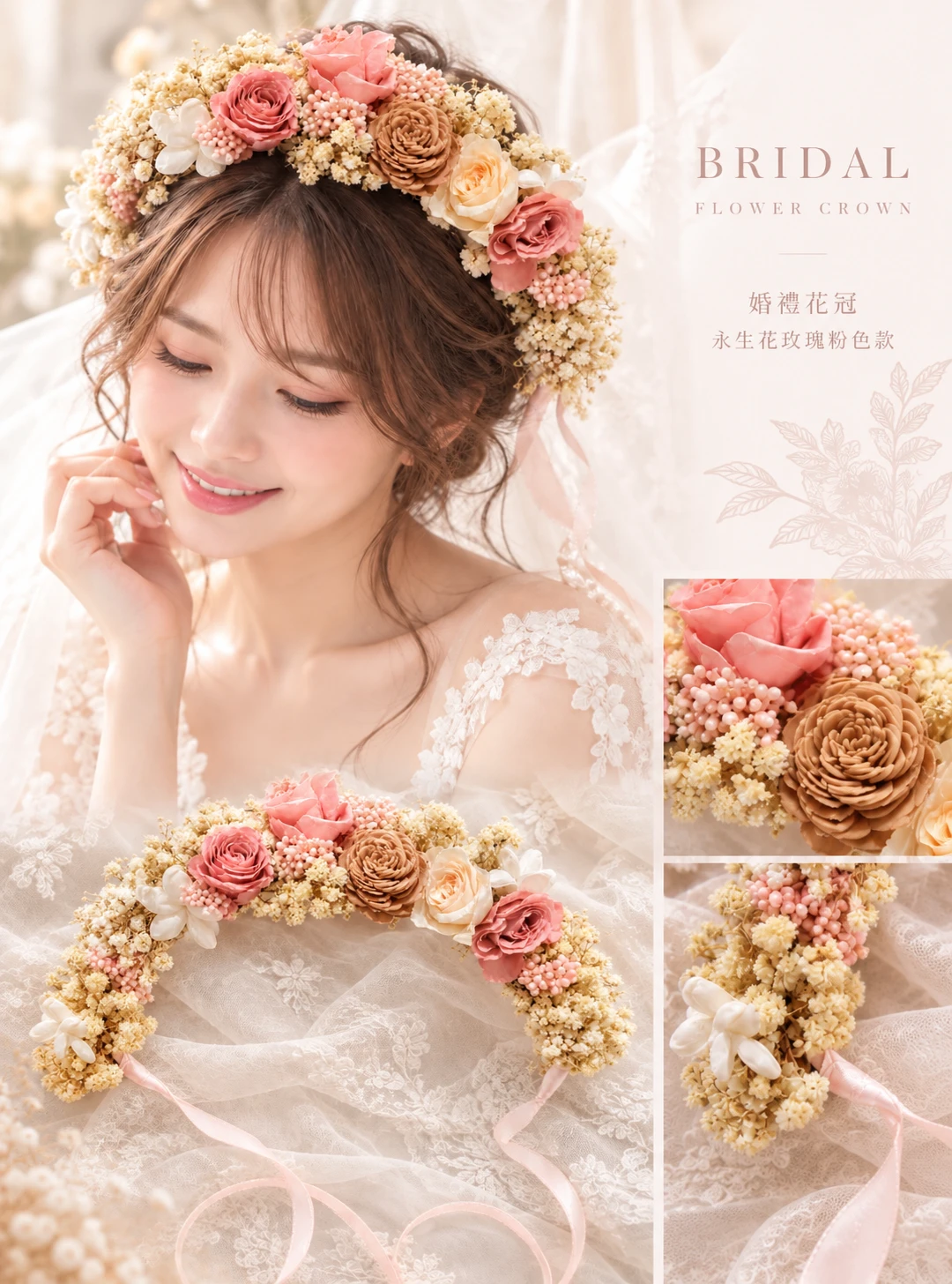 婚禮花冠|永生花玫瑰粉色款