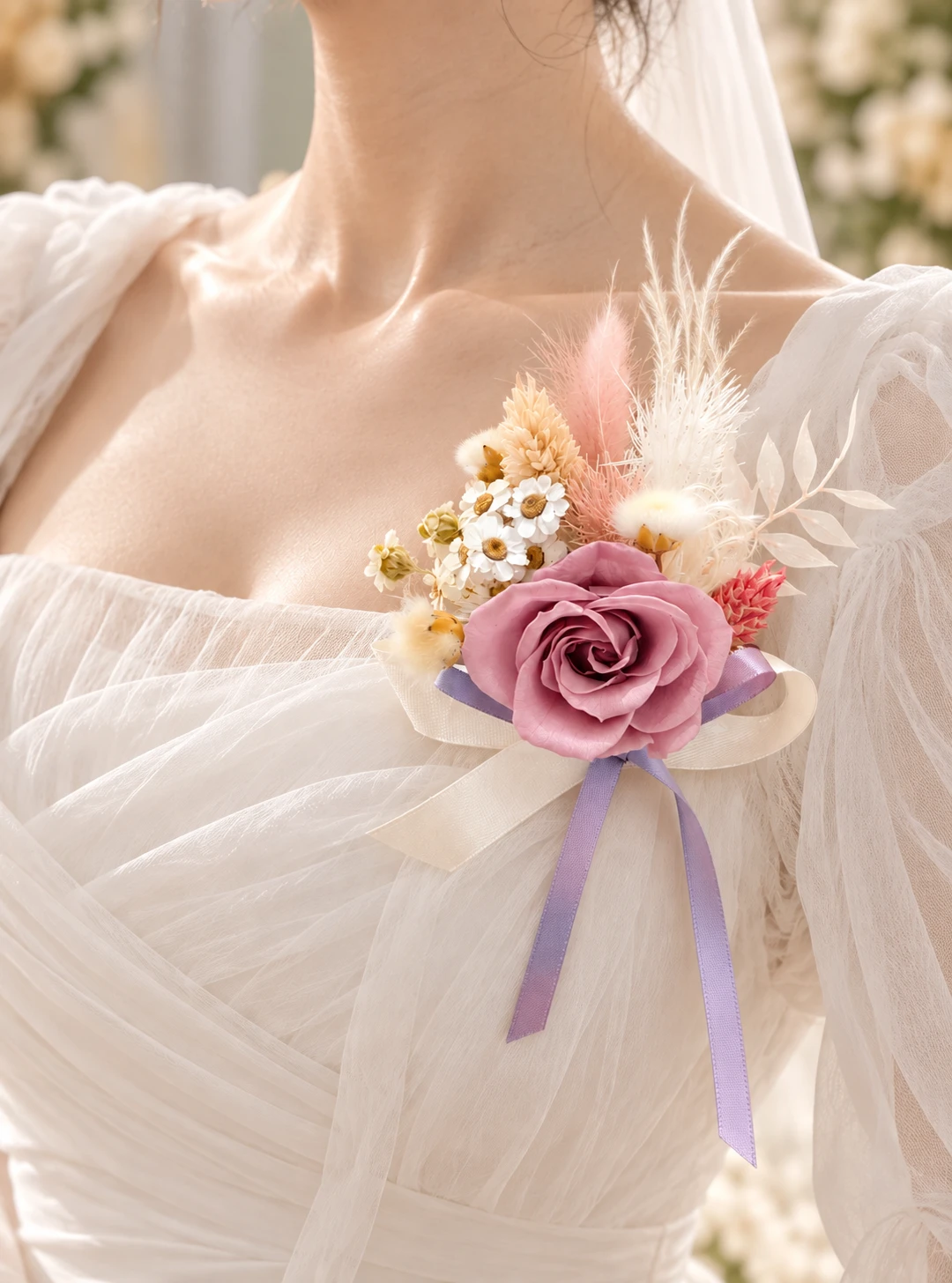 婚禮永生花胸花系列｜暮光玫瑰・柔霧紫粉胸花