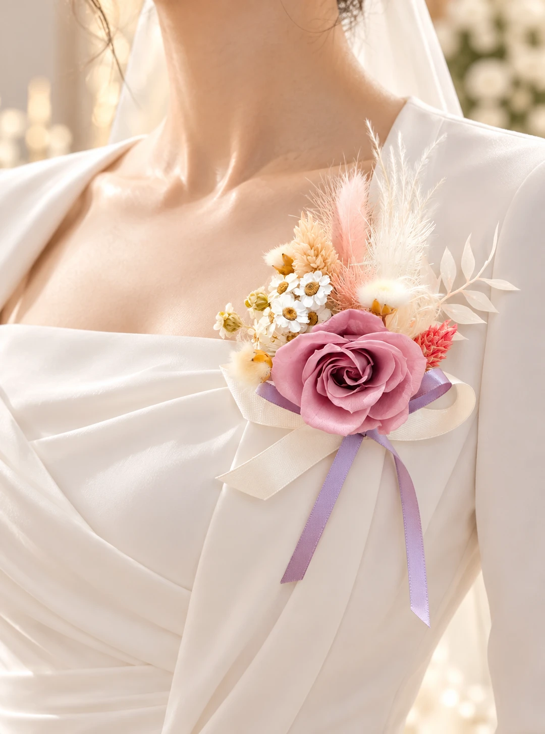 婚禮永生花胸花系列｜暮光玫瑰・柔霧紫粉胸花