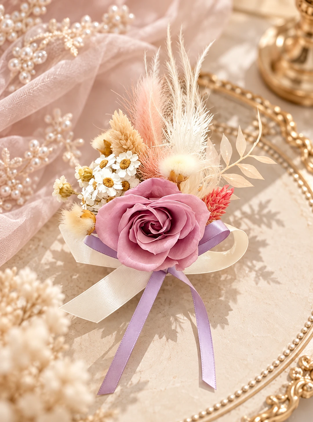婚禮永生花胸花系列｜暮光玫瑰・柔霧紫粉胸花