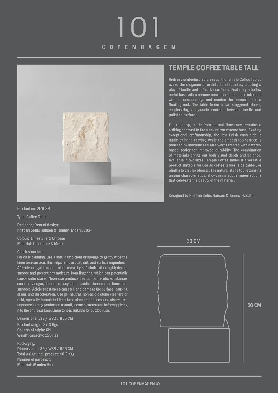 Temple 赫拉茶几,高 - 鍍鉻/石灰石