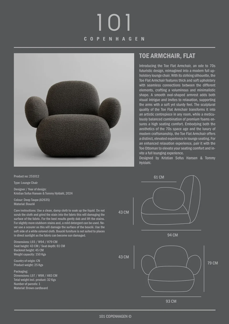 Toe扶手椅,平面 - 深灰褐色