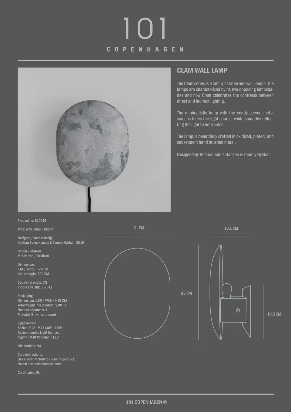 蛤形壁燈 - 斑駁灰色(UL)