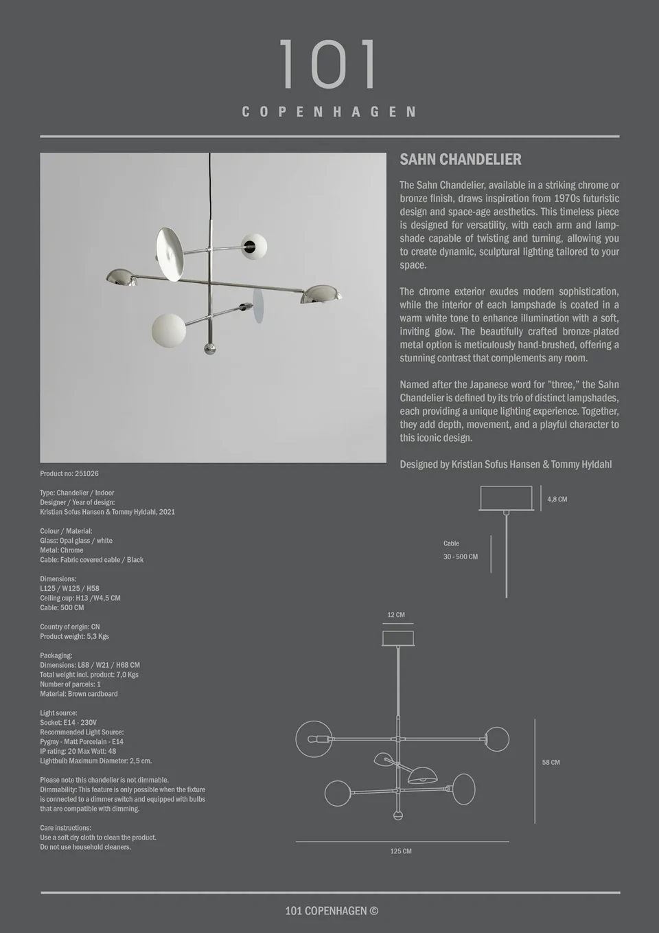 三燈吊燈 - 鉻色(5m)
