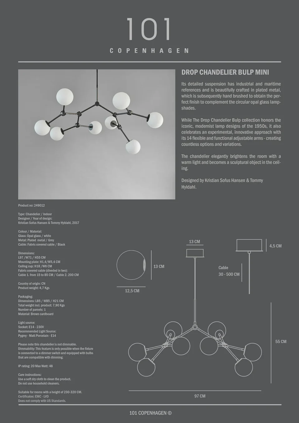 滴形燈泡吊燈,迷你 - 灰色(5m)