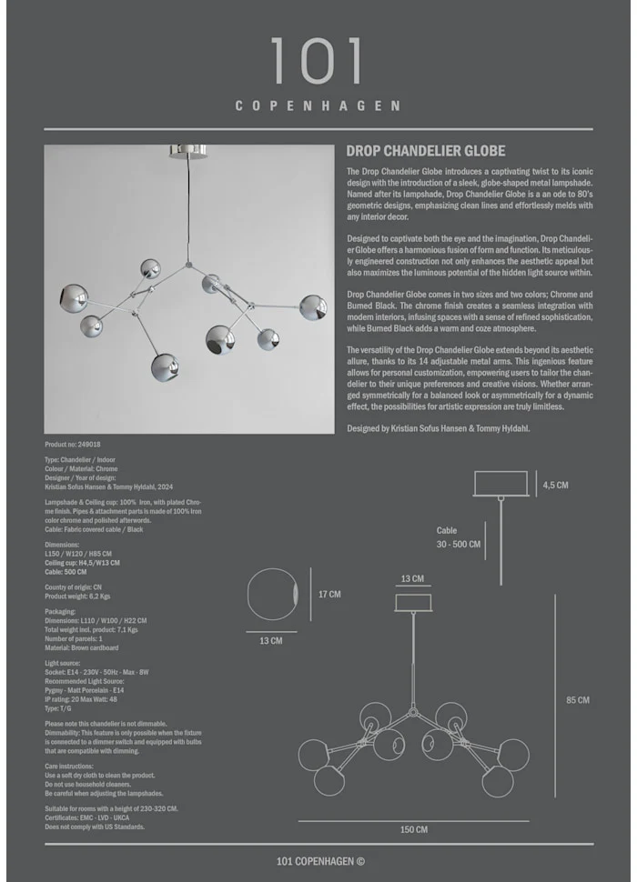 滴形圓球吊燈,大 - 鉻色(5m)