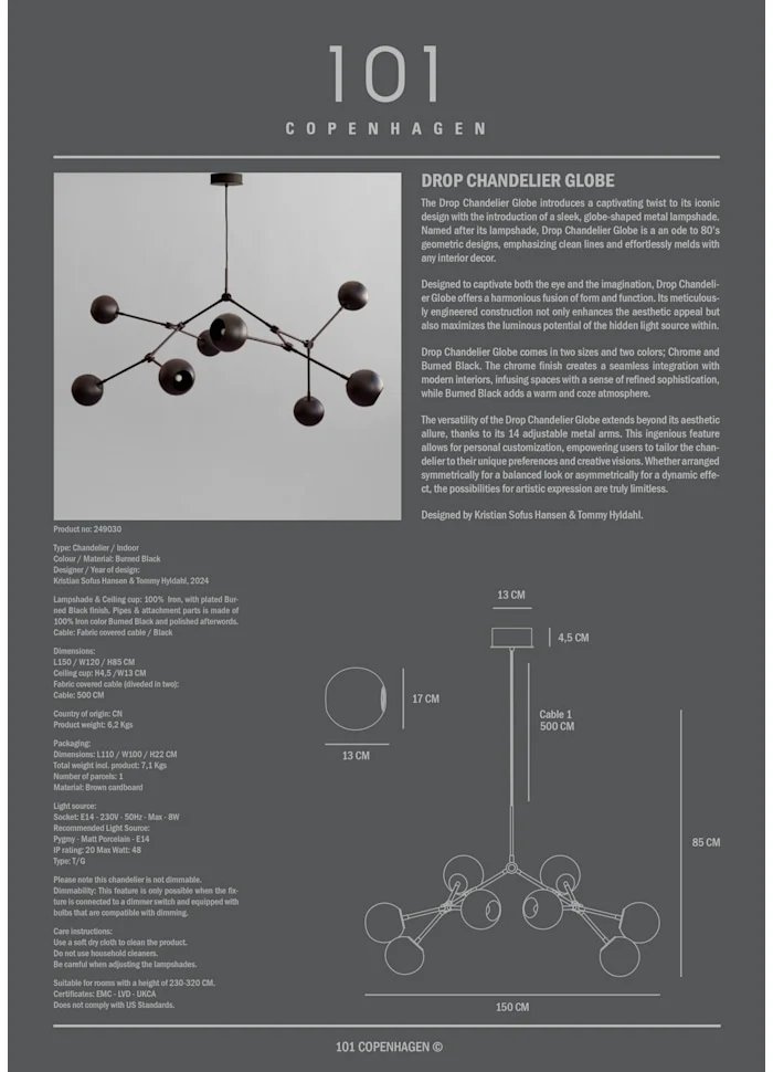 滴形圓球吊燈,大 - 燒黑色 (5m)