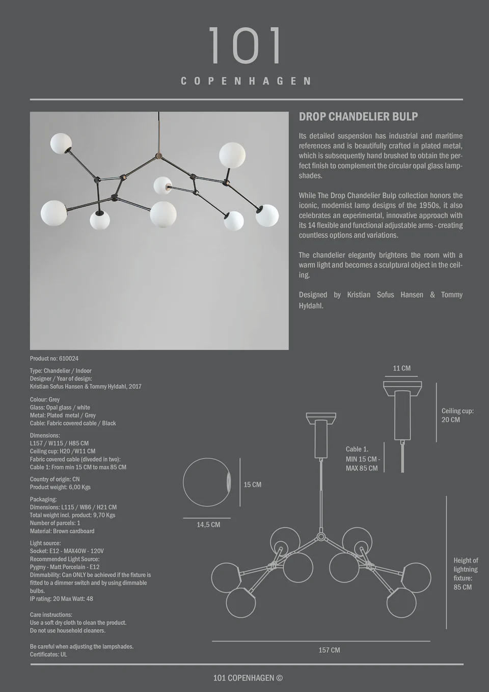 滴形燈泡吊燈 - 灰色(UL)