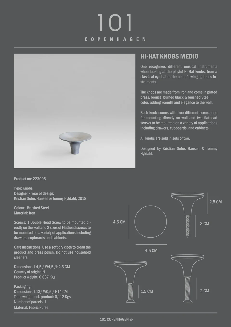 鈸型旋鈕,中 - 拉絲鋼
