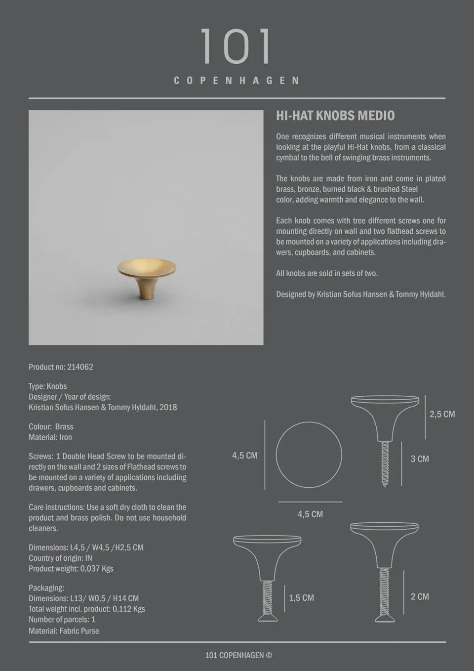 鈸型旋鈕,中 - 黃銅色