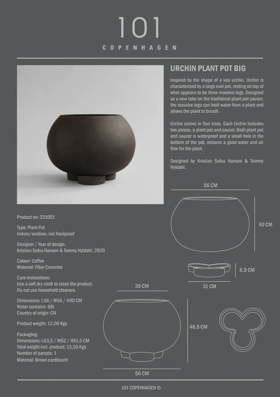 海膽花盆,大 - 咖啡色