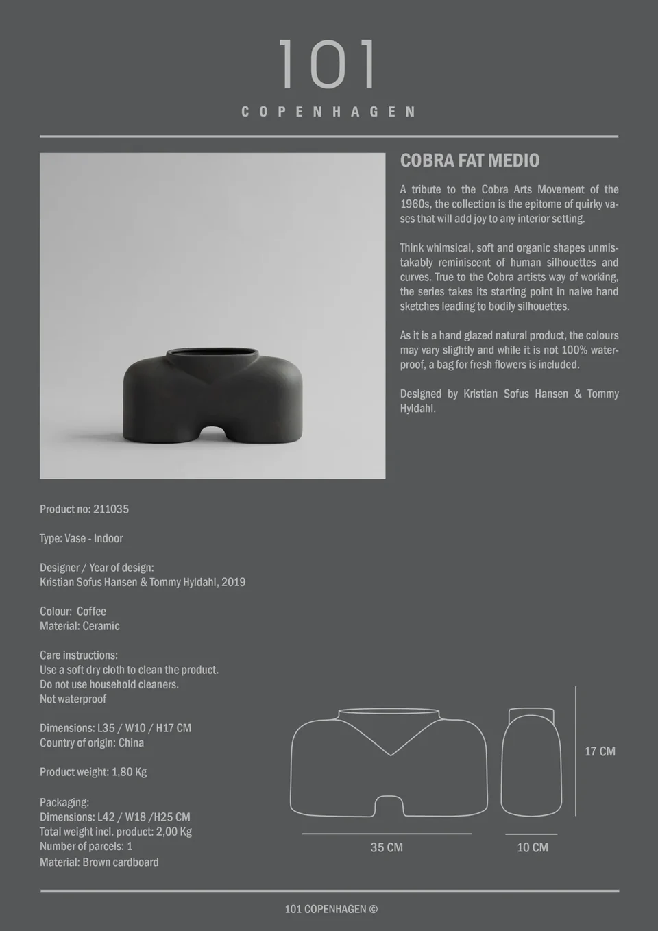 眼鏡蛇花瓶,矮胖型 - 咖啡色