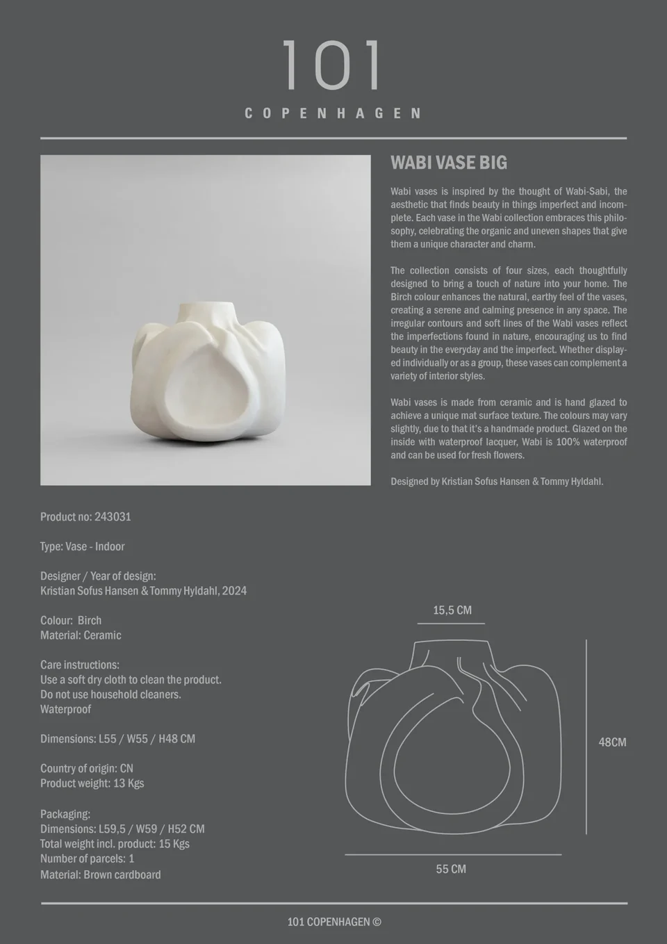 侘寂花瓶,大 - 白樺色