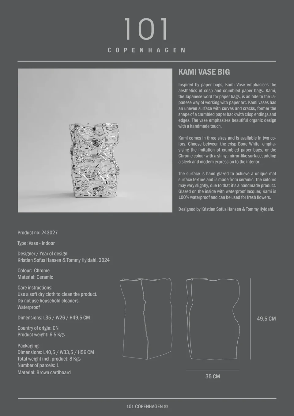 皺褶花瓶,大 - 鉻銀