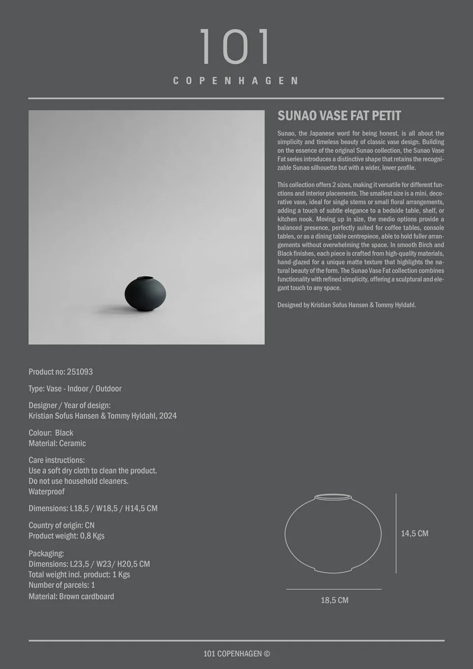 素直花瓶,胖型,迷你 - 黑色