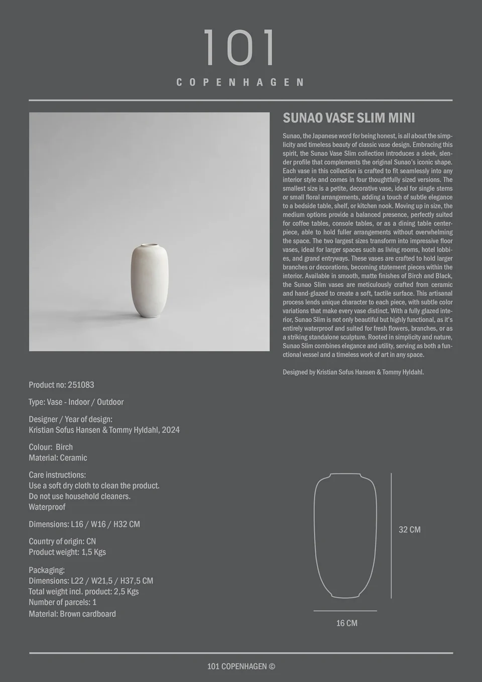 素直花瓶,細長小 - 白樺色