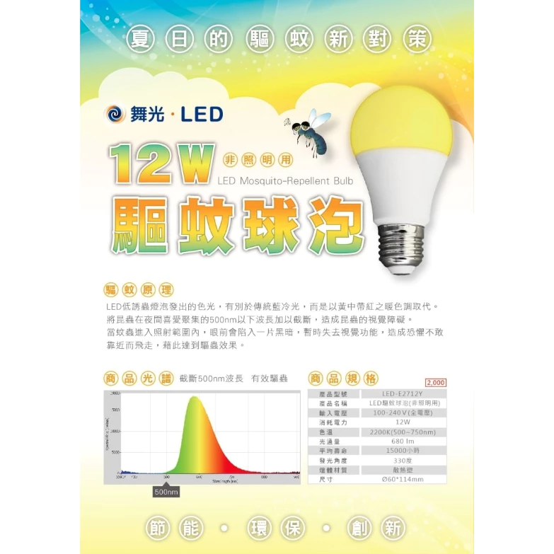 舞光｜LED 12W E27 驅蚊燈泡 防蚊燈泡 驅蚊燈 露營 戶外陽台 防蚊 全電壓