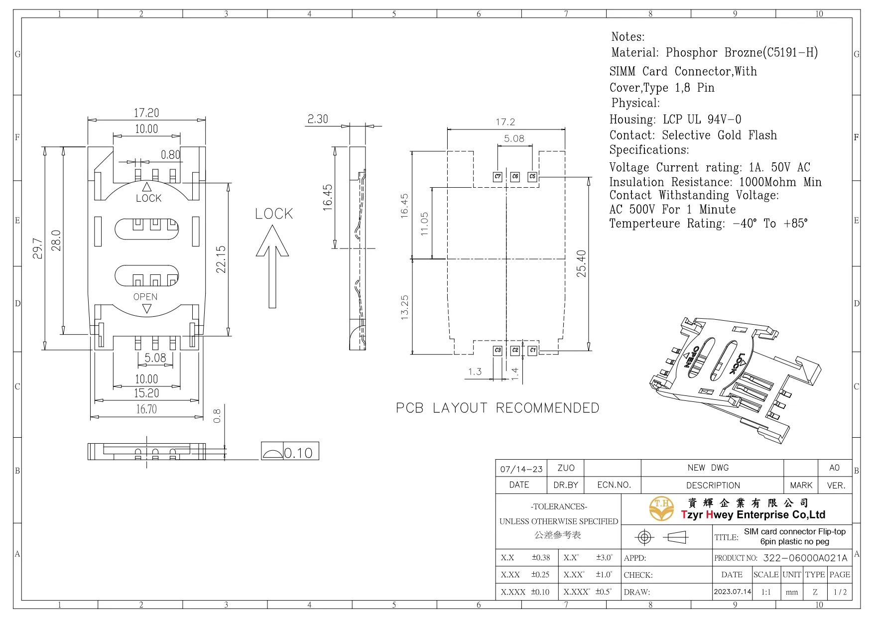SIM CARD 6PIN Connector Flip-top plastic no peg
