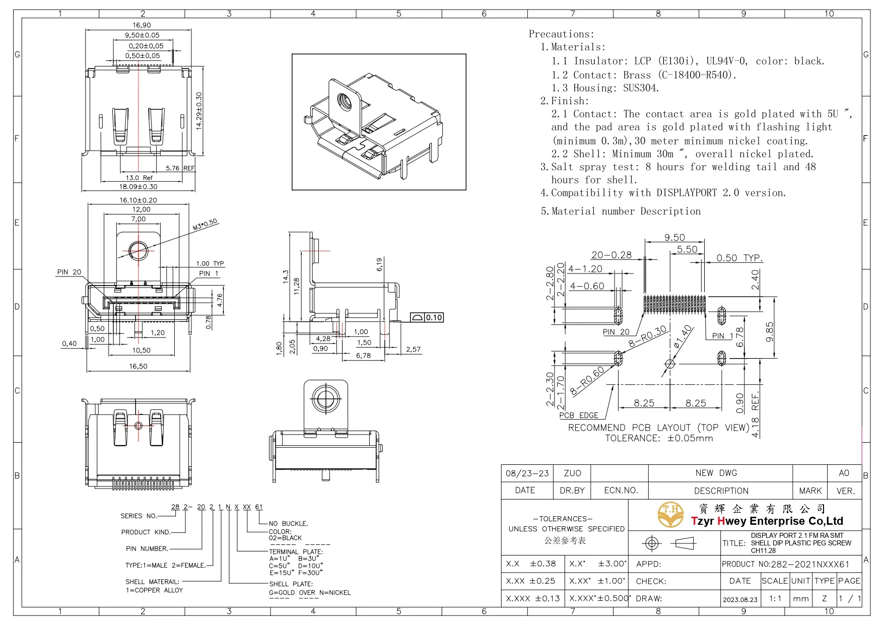 DISPLAY PORT 2.1 FM RA SMT SHELL DIP PLASTIC PEG SCREW CH11.28