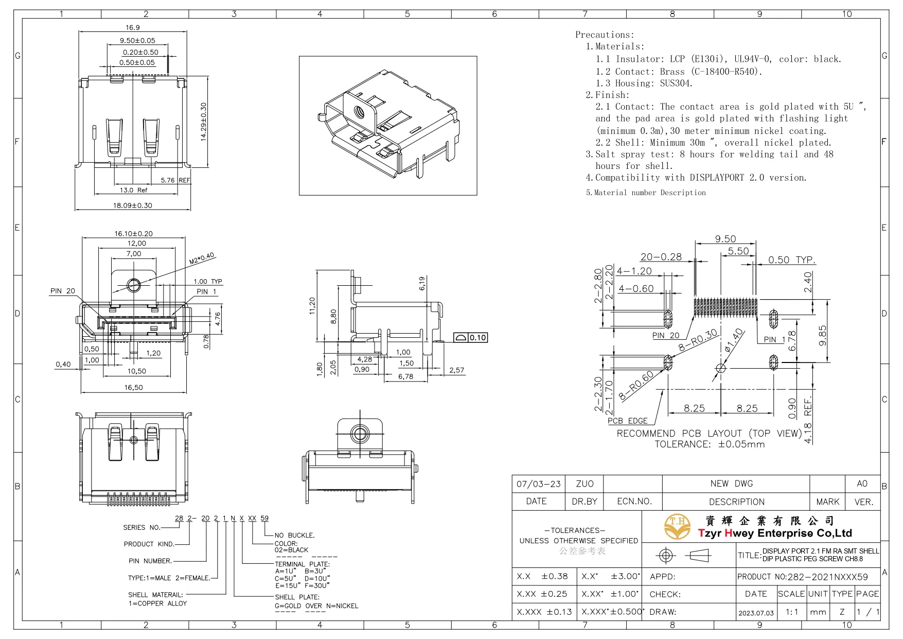 DISPLAY PORT 2.1 FM RA SMT SHELL DIP PLASTIC PEG SCREW CH8.8