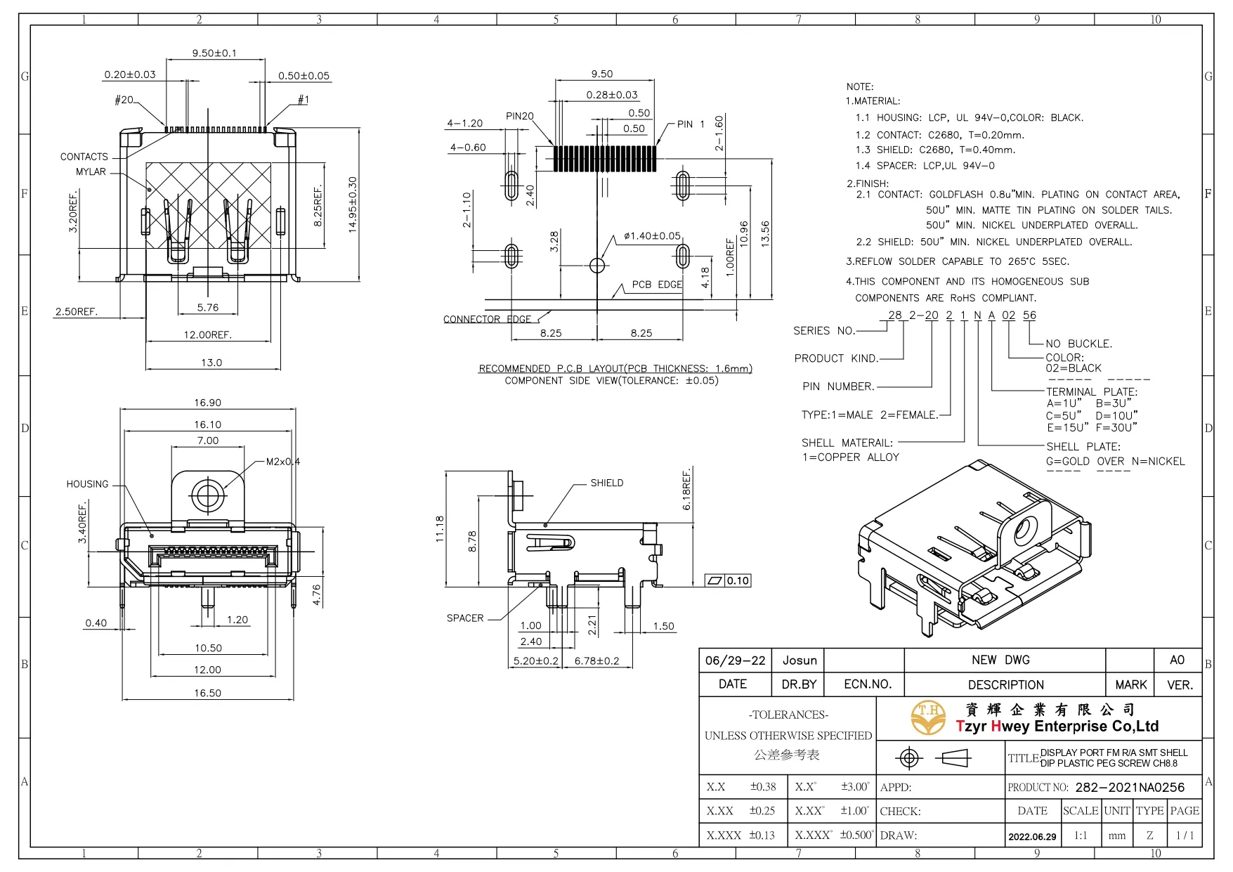 DISPLAY PORT FM RA SMT SHELL DIP PLASTIC PEG SCREW CH8.8