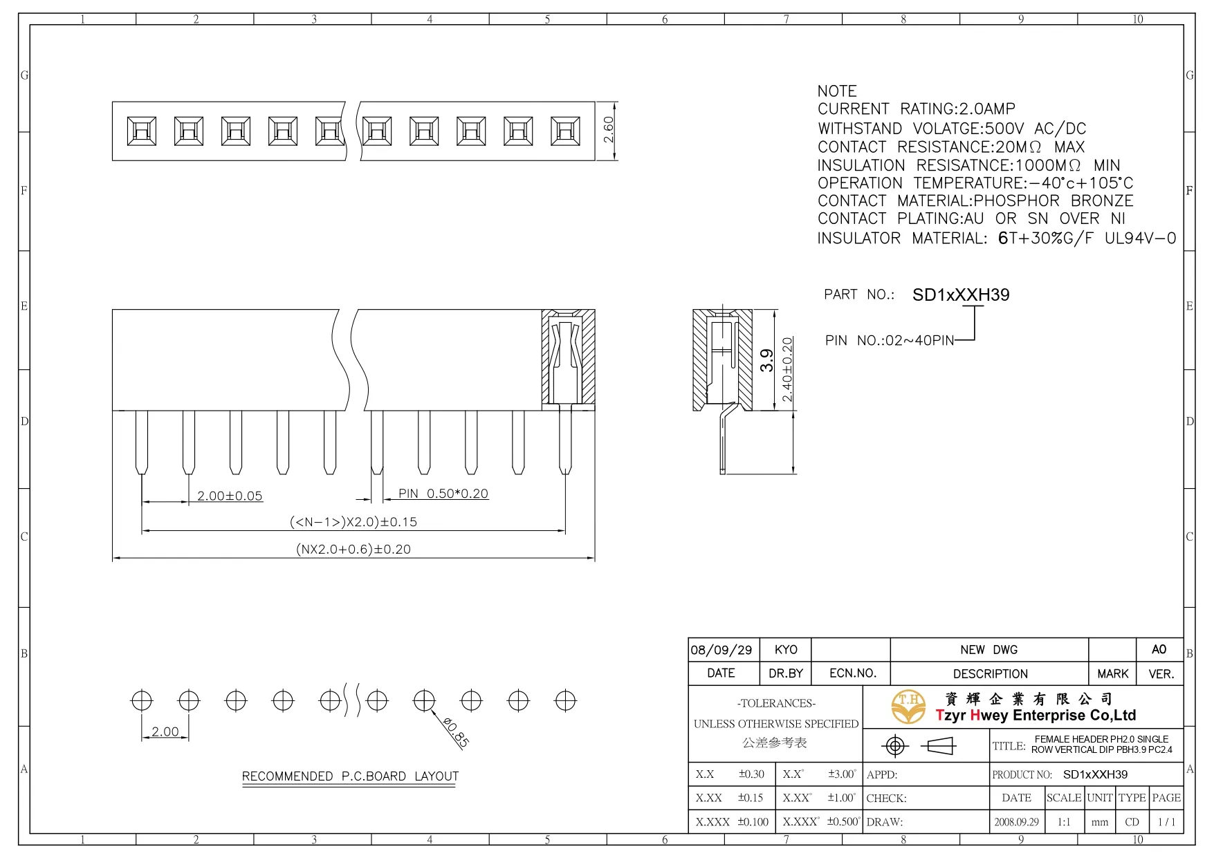 FFEMALE HEADER PH2.0 SINGLE ROW VERTICAL DIP PBH3.9 PC2.4