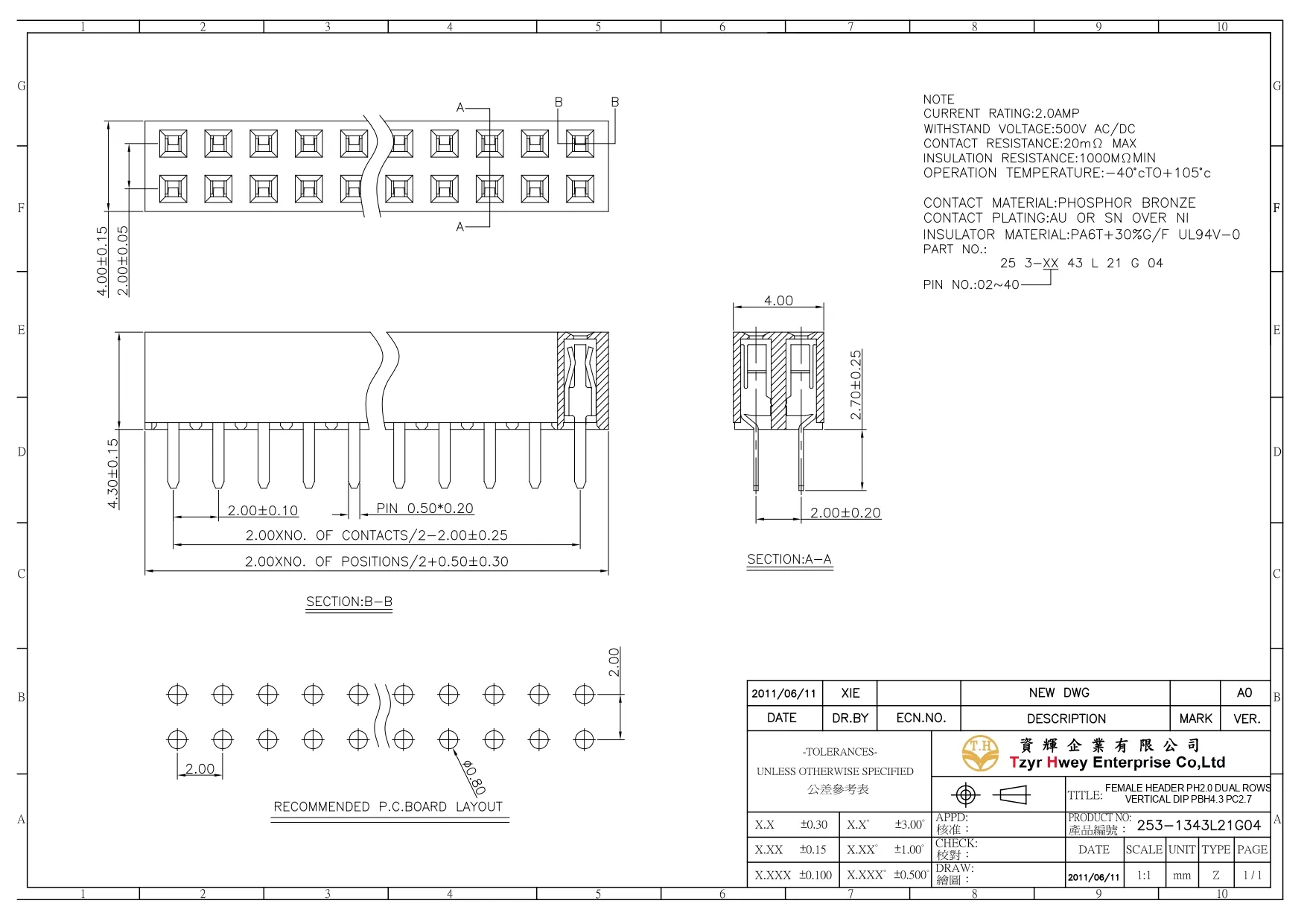 FEMALE HEADER PH2.0 DUAL ROWS VERTICAL DIP PBH4.0 PC2.8