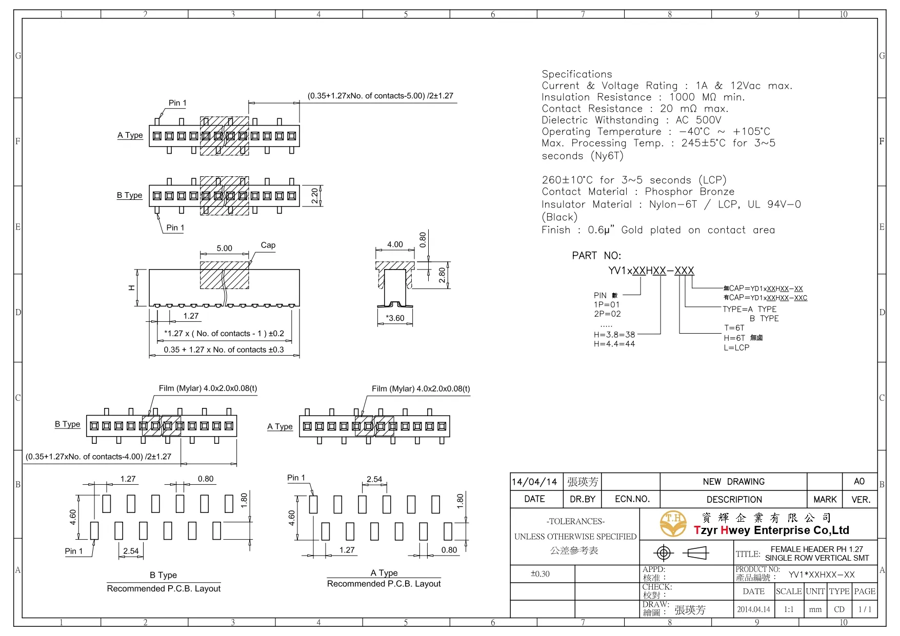 FEMALE HEADER PH 1.27 SINGLE ROW VERTICAL SMT 