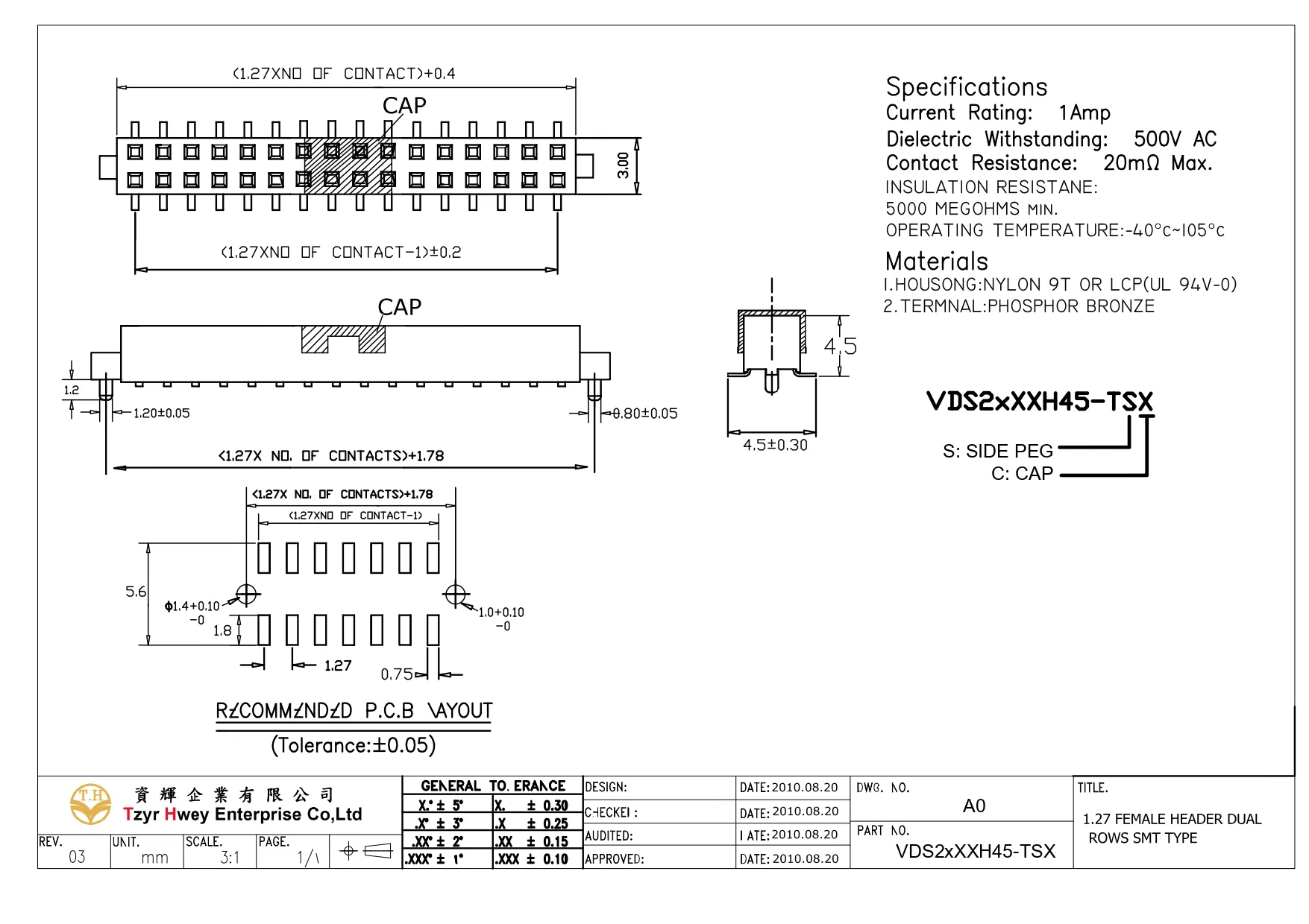 FEMALE HEADER PH 1.27 VERTICAL SMT OUTSIDE PEG H45