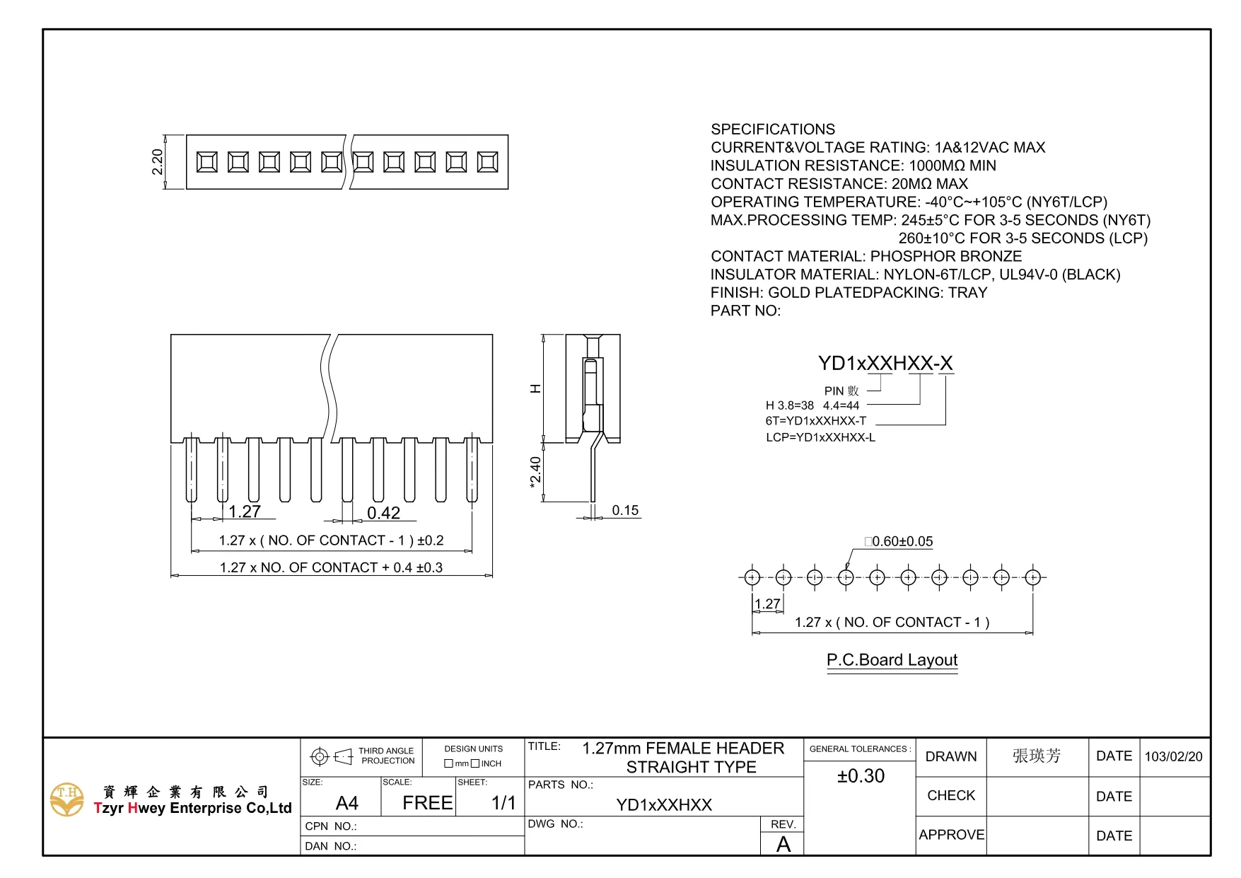 FEMALE HEADER PH1.27 SINGLE ROW VERTICAL DIP H 38、4.4