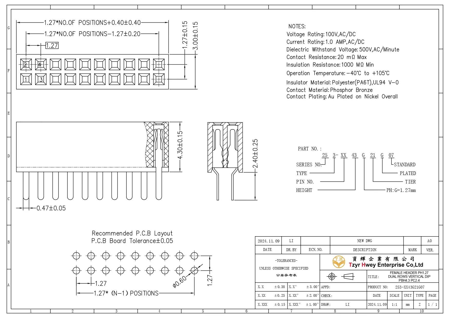 FEMALE HEADER PH1.27 DUAL ROWS VERTICAL DIP PBH4.3 PC2.4