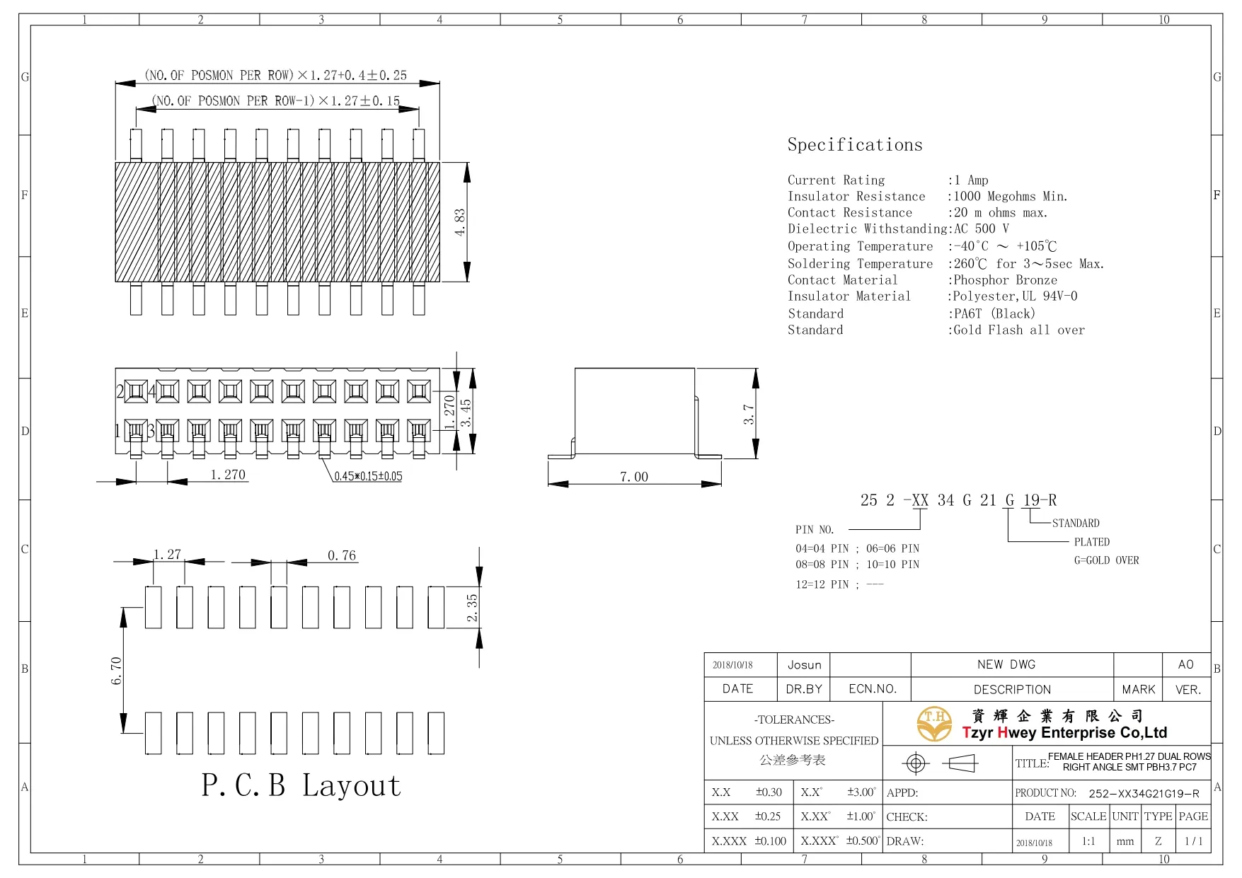 FEMALE HEADER PH1.27 DUAL ROWS RIGHT ANGLE SMT PBH3.7 PC7