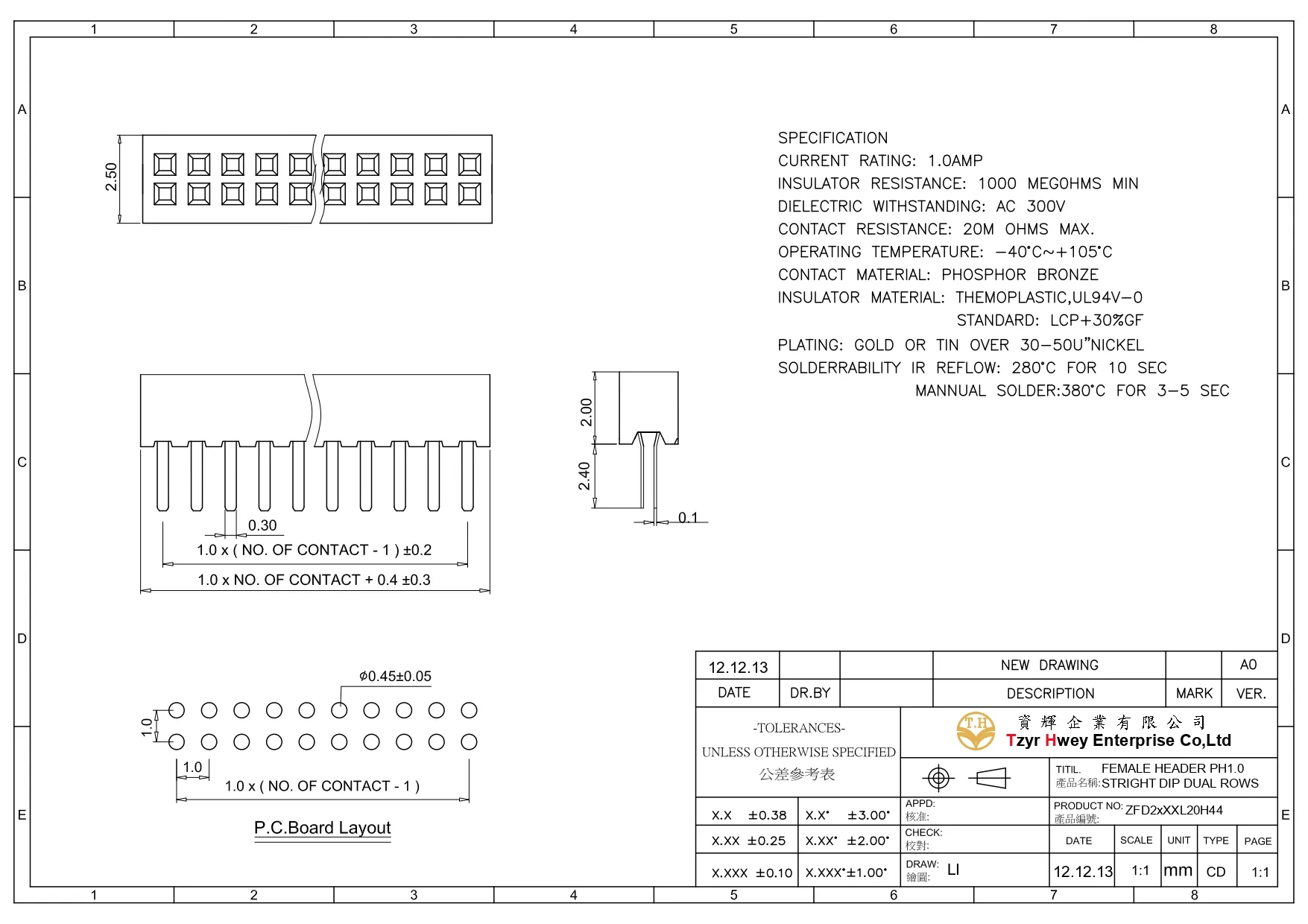 FEMALE HEADER PH1.0 STRIGHT DIP DUAL ROWS