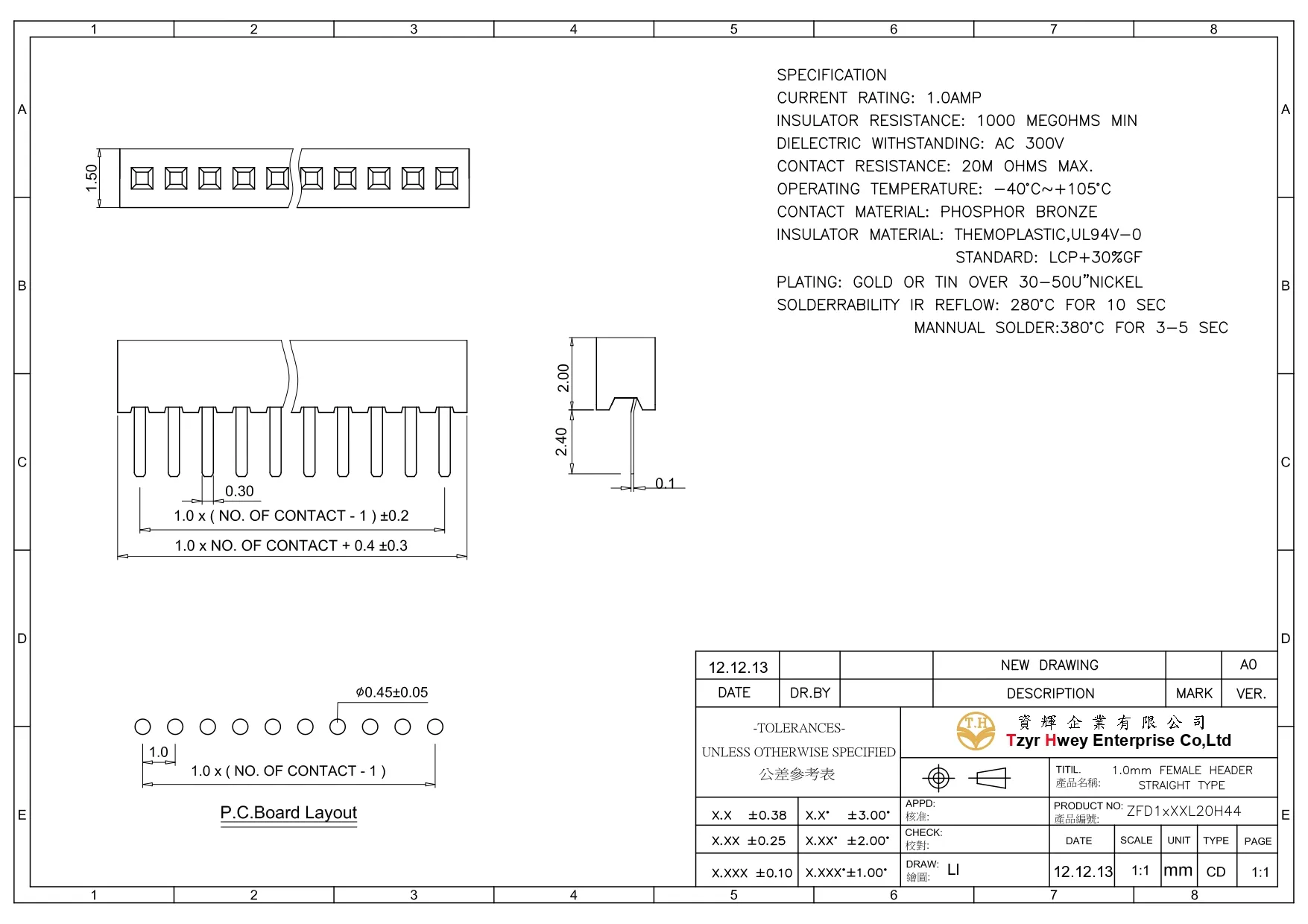 FEMALE HEADER PH1.0 STRIGHT DIP SINGLE ROW