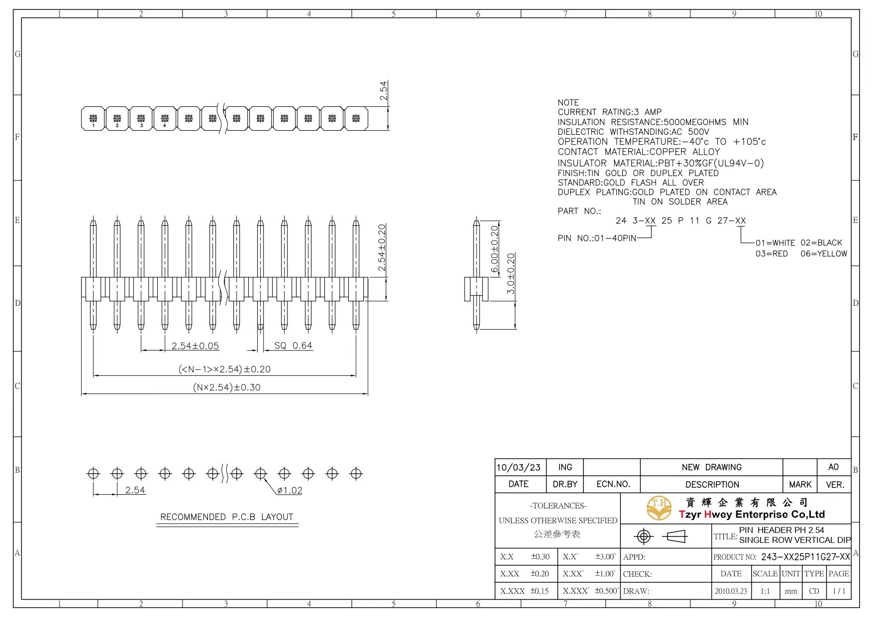  PIN  HEADER PH 2.54 SINGLE ROW VERTICAL DIP PA6 PC3