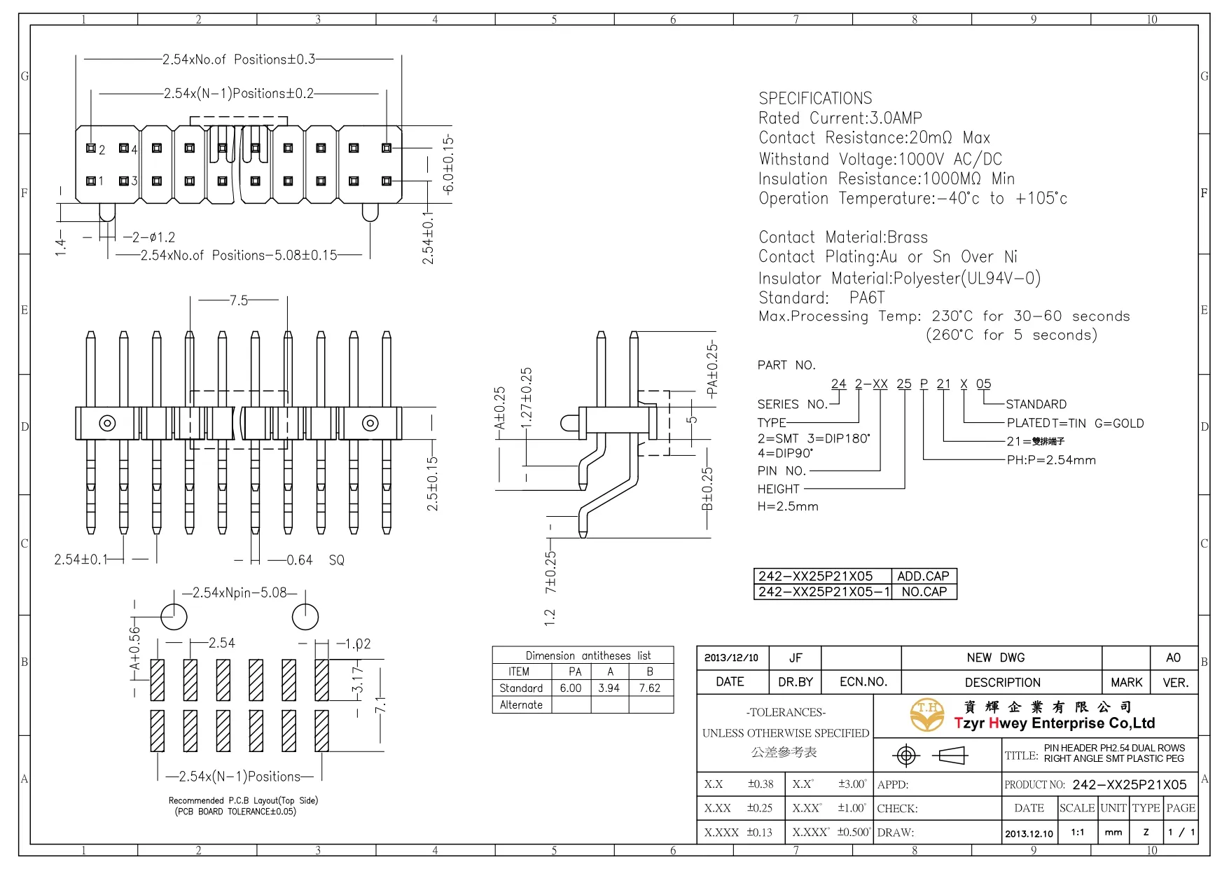 PIN HEADER PH2.54 DUAL ROWS RIGHT ANGLE SMT PLASTIC PEG