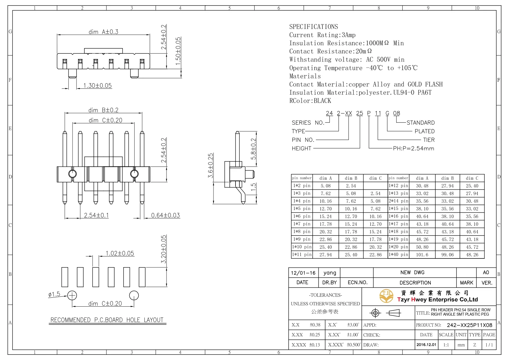 PIN HEADER PH2.54 SINGLE ROW RIGHT ANGLE SMT PLASTIC PEG