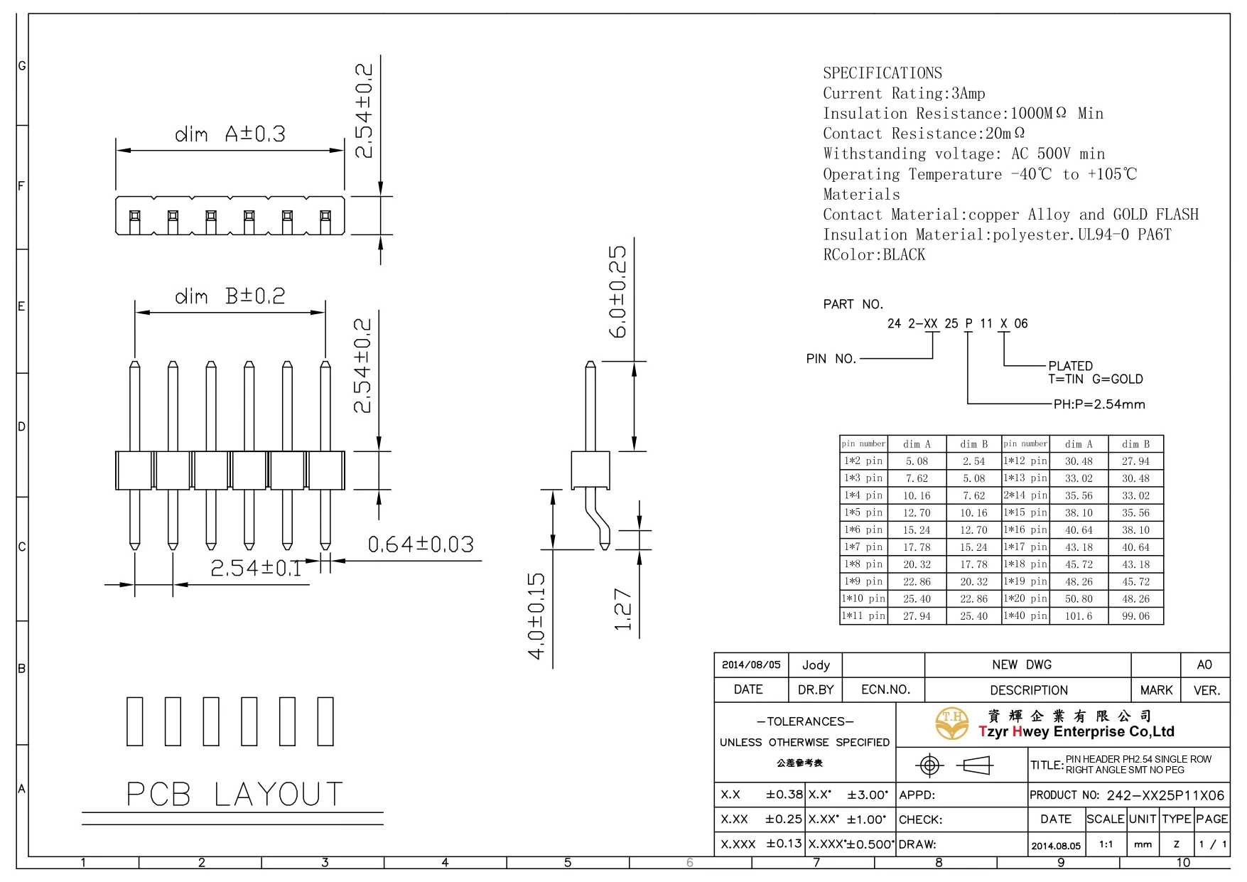 PIN HEADER PH2.54 SINGLE ROW RIGHT ANGLE SMT NO PEG