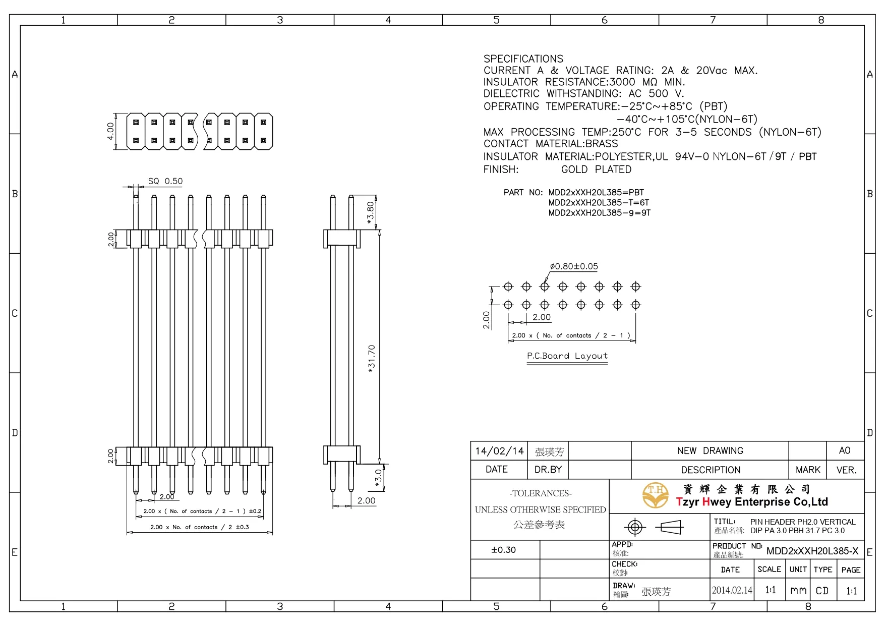 PIN HEADER PH2.0 VERTICAL DIP PA 3.0 PBH 31.7 PC 3.0