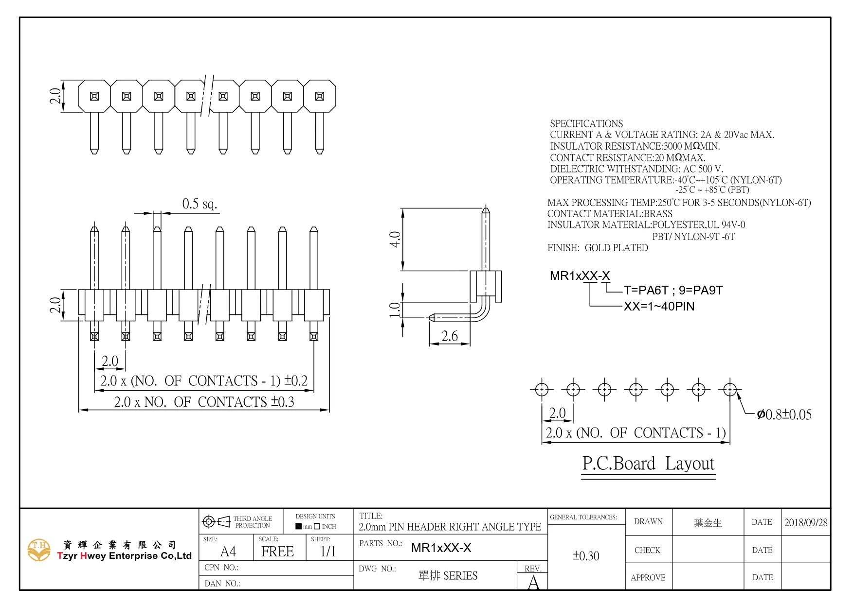 PIN HEADER PH2.0 RIGHT SINGLE ROW ANGLE DIP
