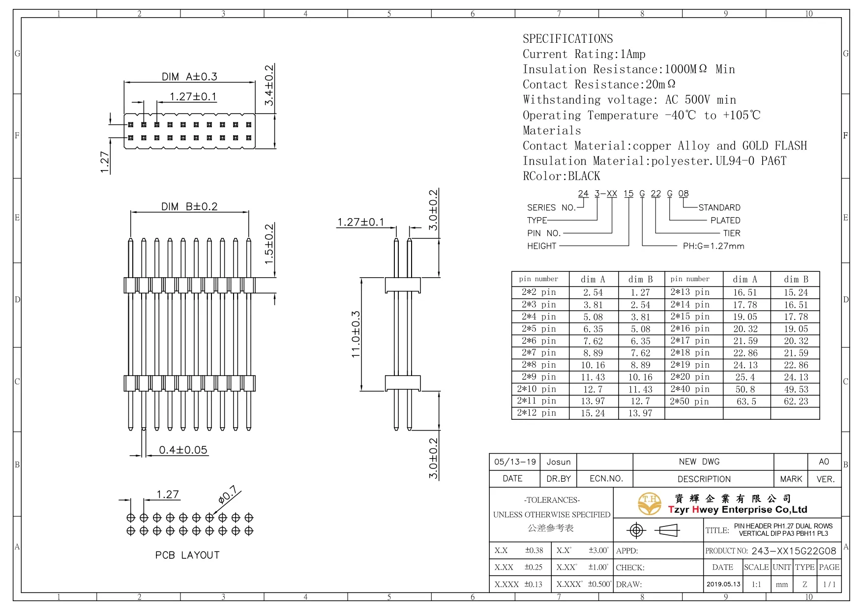 1.27  2X50排針 3+11+3 H=170mm 膠芯=1.5 DIP180度