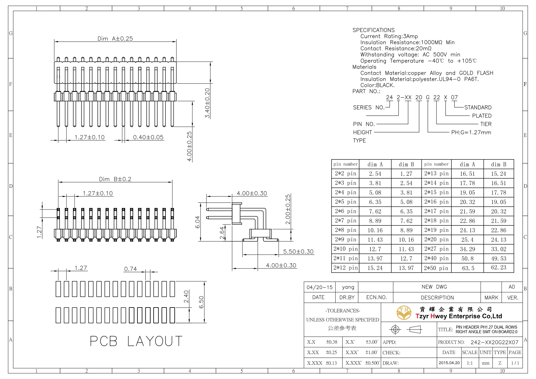  PH  1.27X2.0排針90D SMD  双塑L=40mm