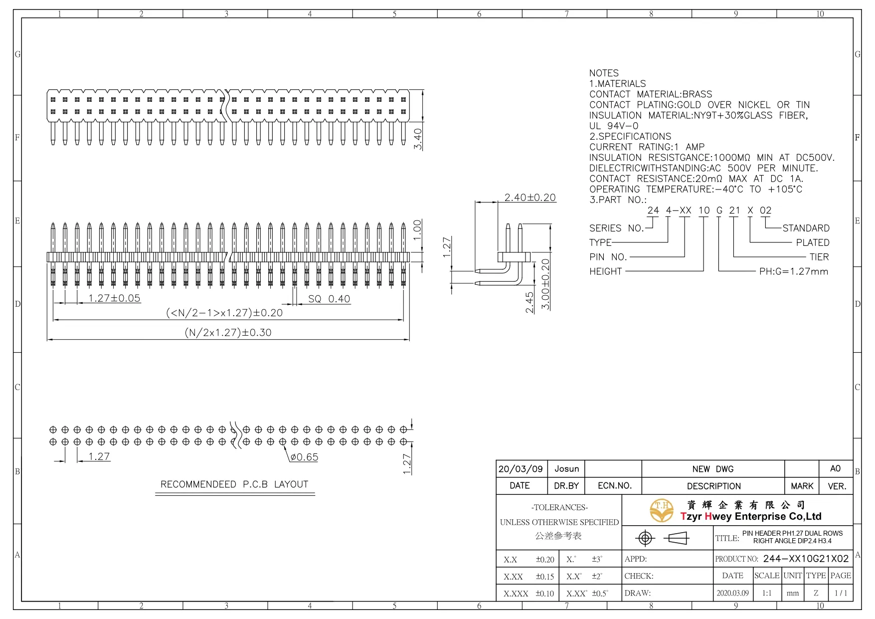 PIN HEADER PH1.27 DUAL ROWS  RIGHT ANGLE DIP2.4 H3.4