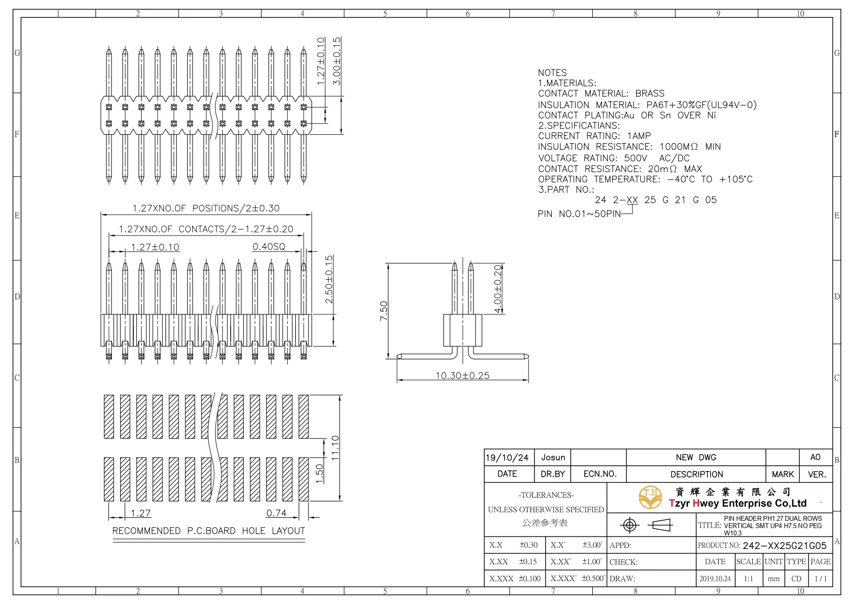 PIN HEADER PH1.27 DUAL ROWS VERTICAL SMT UP4 H7.5 NO PEG W10.3