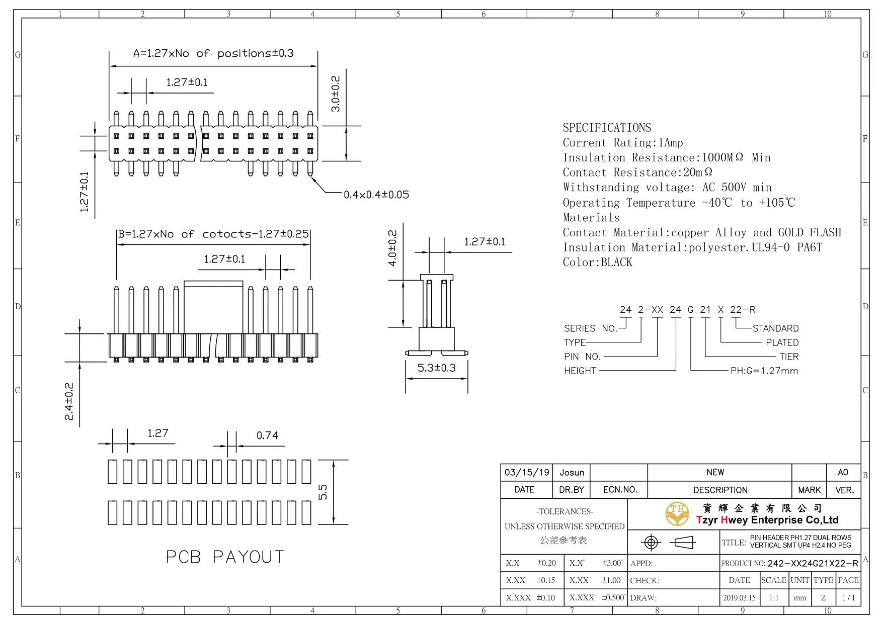 PIN HEADER PH1.27 DUAL ROWS VERTICAL SMT UP4 H2.4 NO PEG