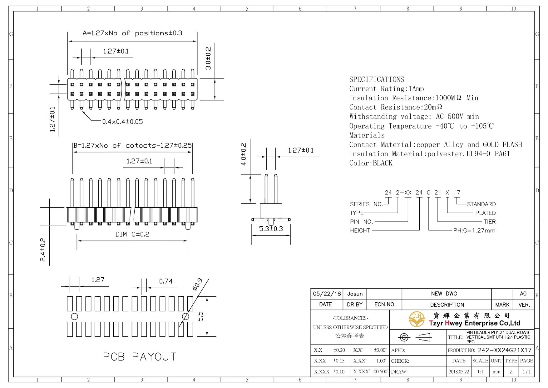 PIN HEADER PH1.27 DUAL ROWS VERTICAL SMT UP4 H2.4 PLASTIC PEG