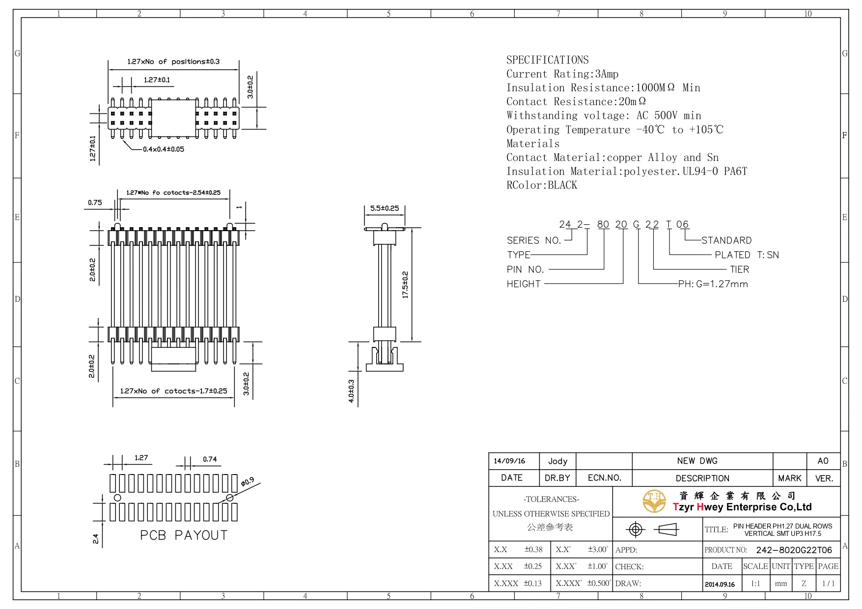 PIN HEADER PH1.27 DUAL ROWS VERTICAL SMT UP3 H17.5 PLASTIC PEG WITH CAP