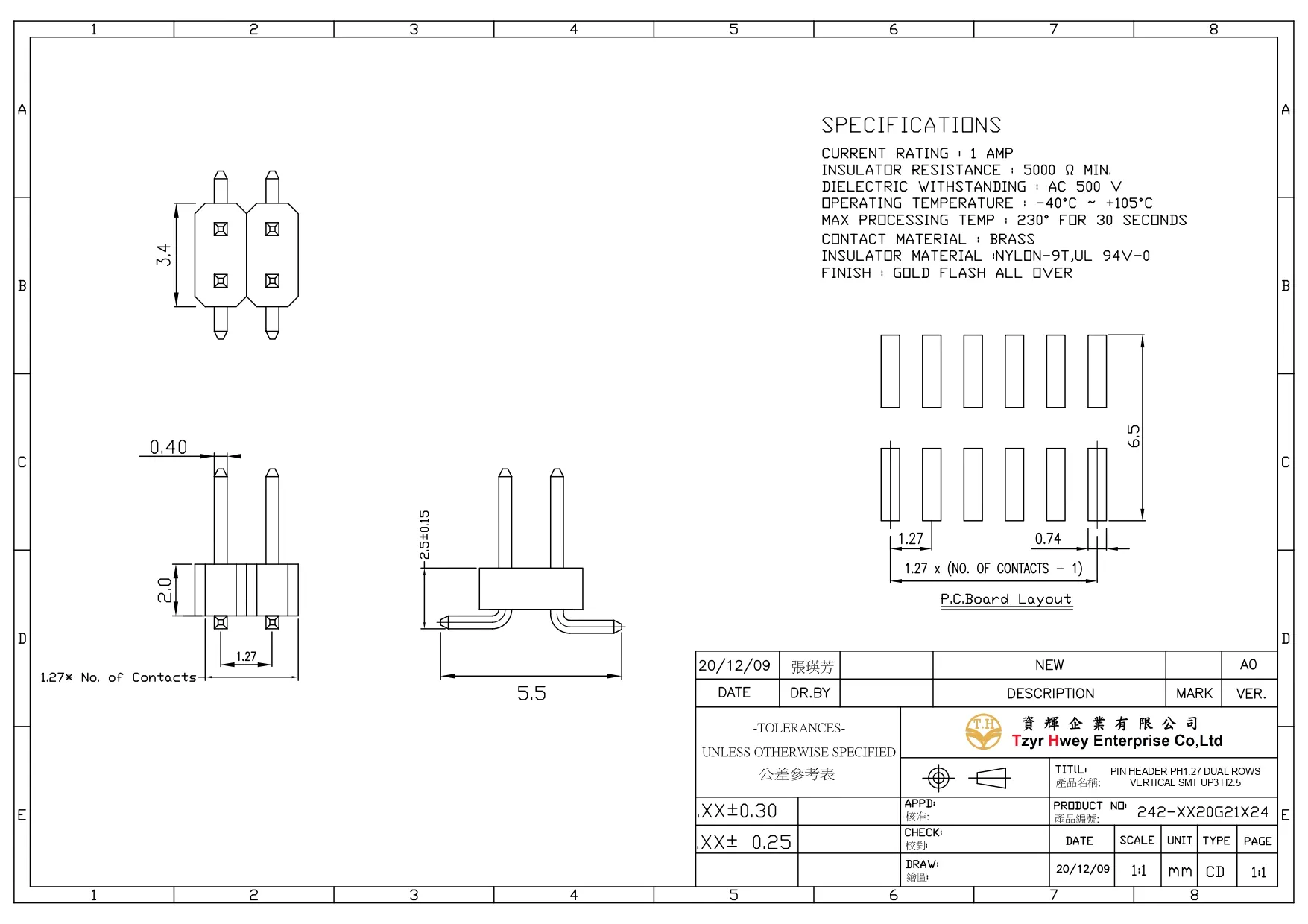 PIN HEADER PH1.27 DUAL ROWS VERTICAL SMT UP3 H2.5
