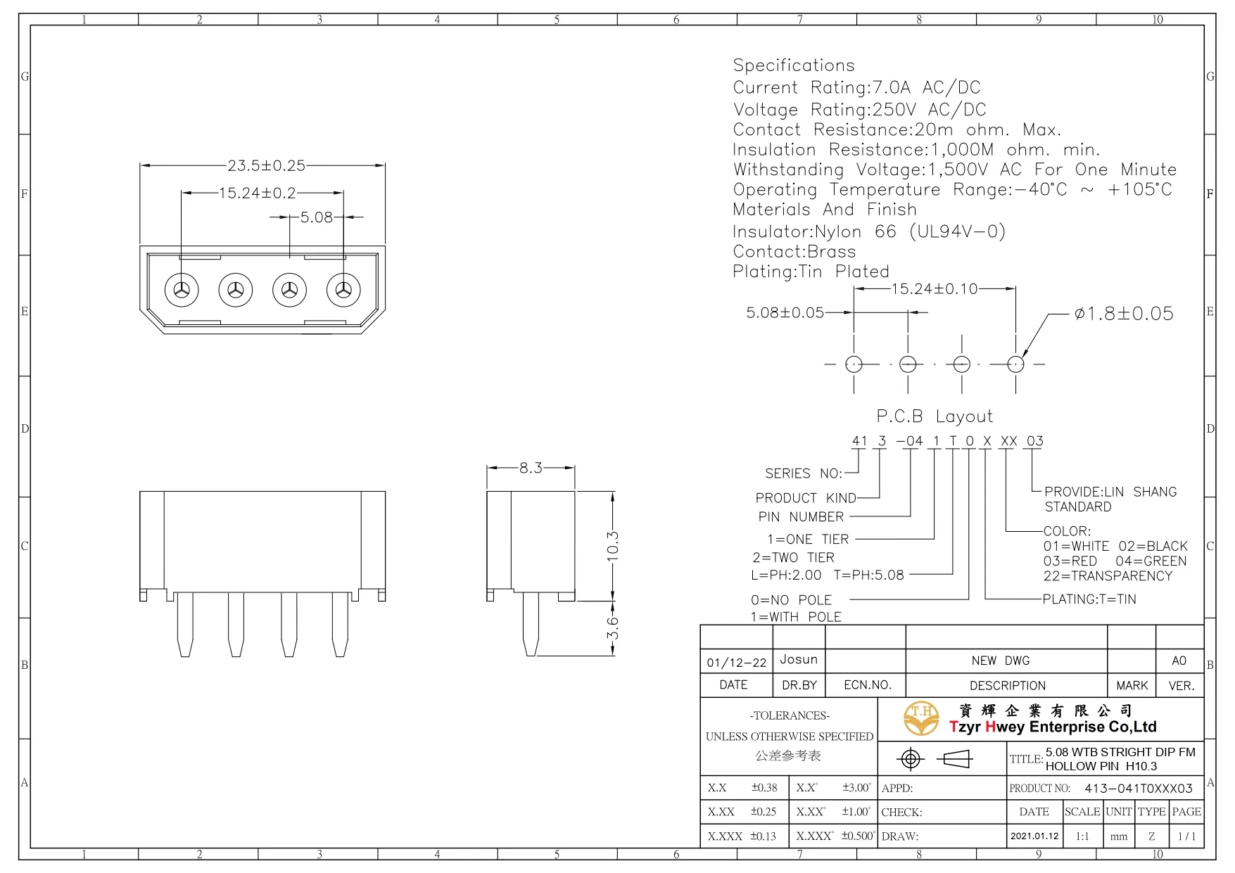  WTB WAFER PH5.08 STRIGHT DIP FM  HOLLOW PIN  H10.3 大4P